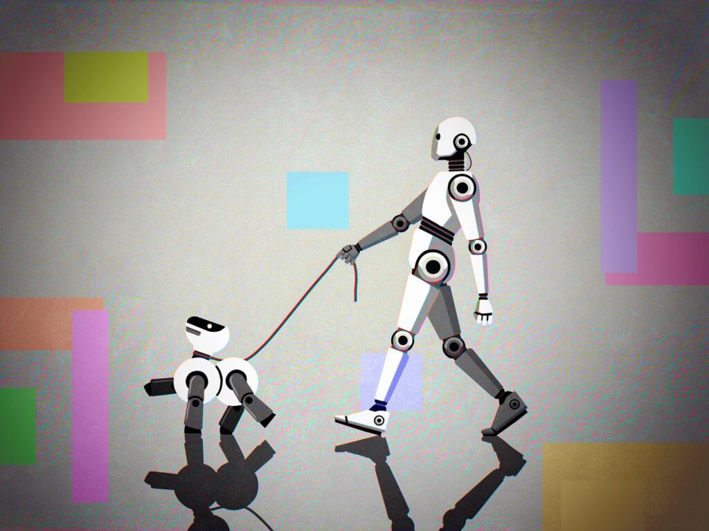 Illustration Of A Humanoid Robot Walking A Robotic Dog