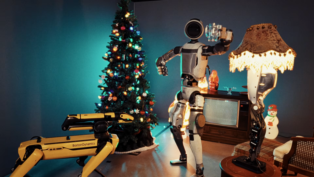 Robots Near Christmas Tree With Tv Snowman And Leg Lamp In Festive Room