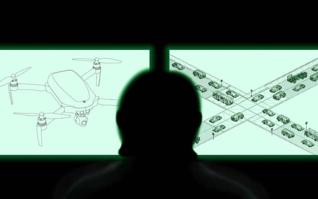 silhouette-from-the-back-of-an-adults-head-as-they-look-at-two-monitors-one-screen-displays-a-drone-and-the-other-shows-self-d – Robótica, Inteligencia Artificial, Automatización